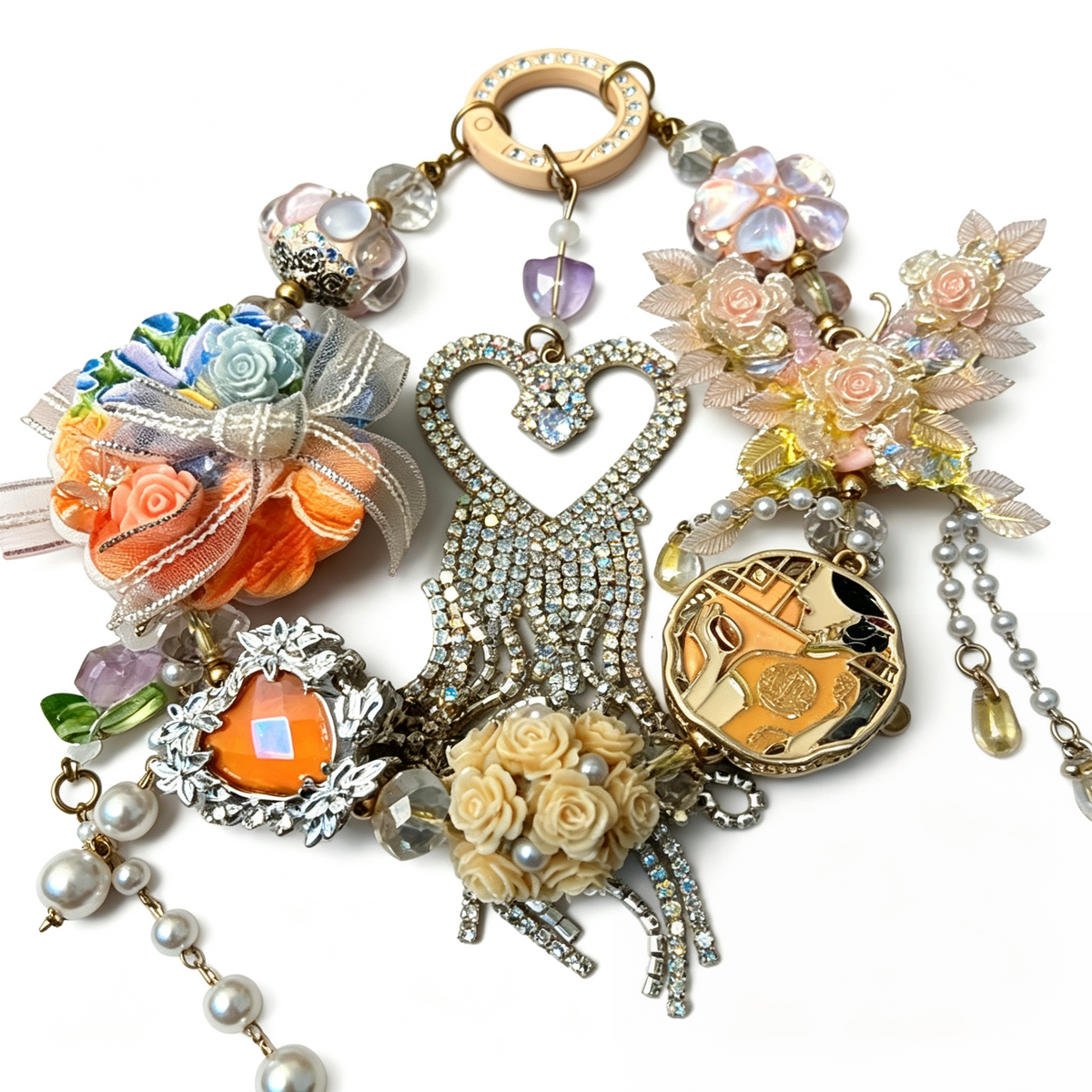Warm Peach Floral Handmade Phone Charm | Romantic Heart Rhinestone Beaded Phone Strap