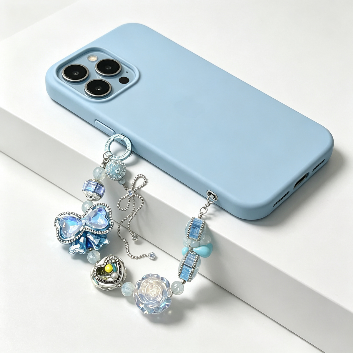 Blue Crystal Floral Handmade Phone Charm | Pastel Blue Rhinestone Phone Strap