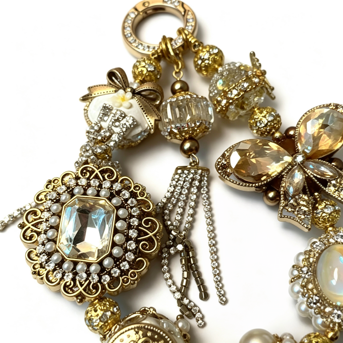 Handcrafted Ornate Baroque Phone Chain, Gold Crystal & Pearl Bag Key Charm