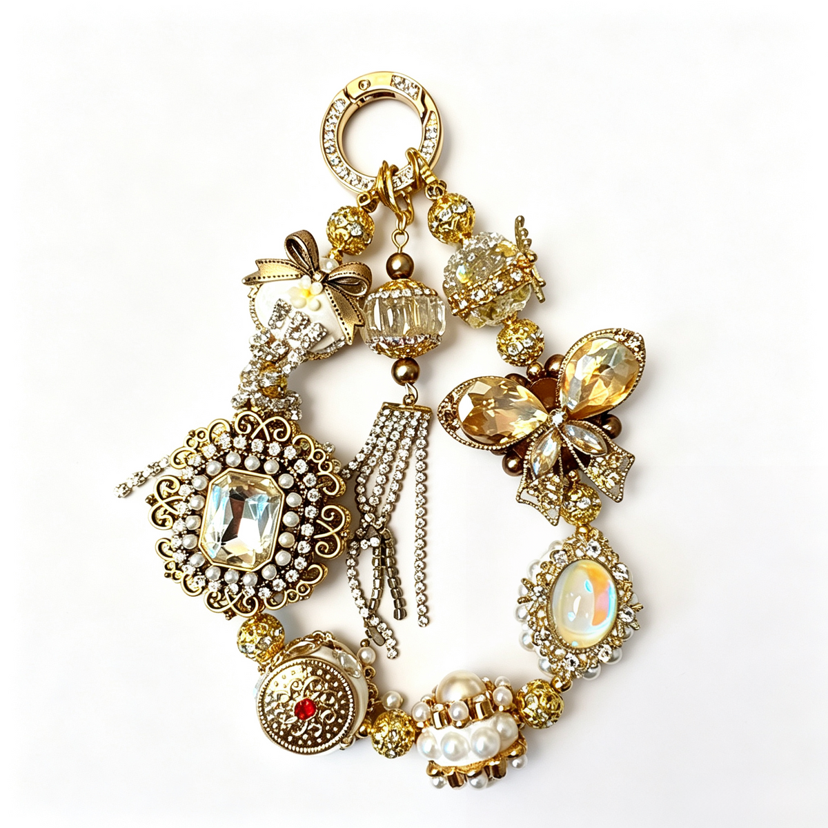 Handcrafted Ornate Baroque Phone Chain, Gold Crystal & Pearl Bag Key Charm
