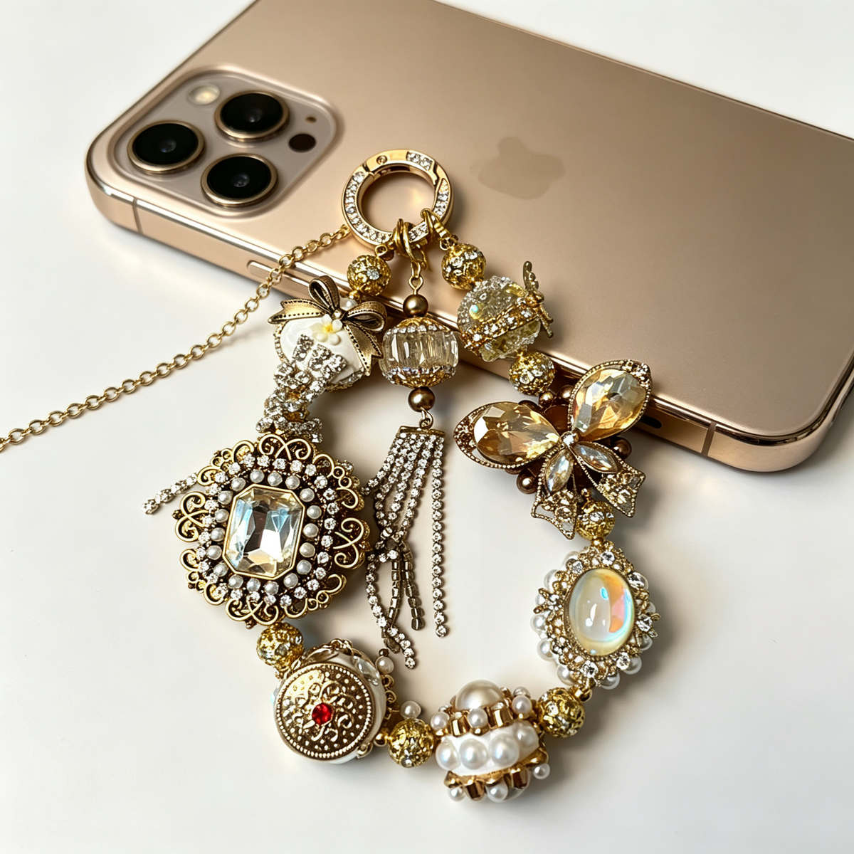 Handcrafted Ornate Baroque Phone Chain, Gold Crystal & Pearl Bag Key Charm