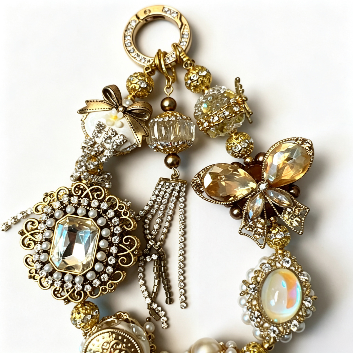Handcrafted Ornate Baroque Phone Chain, Gold Crystal & Pearl Bag Key Charm