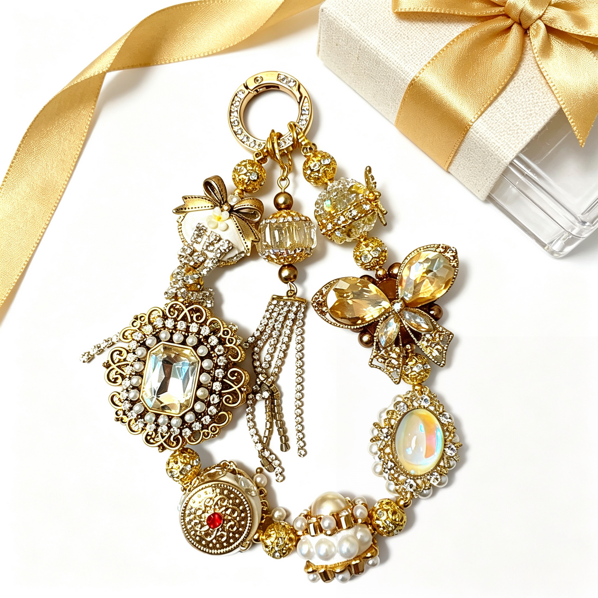 Handcrafted Ornate Baroque Phone Chain, Gold Crystal & Pearl Bag Key Charm