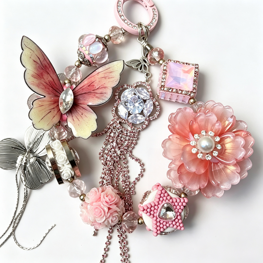 Pink Butterfly Floral Handmade Phone Charm | Sparkly Rhinestone Beaded Phone Strap