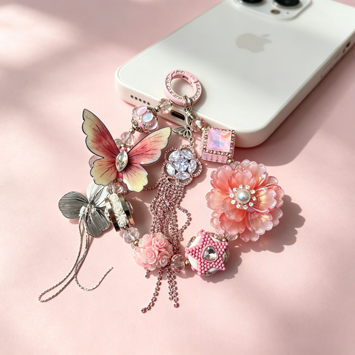 Pink Butterfly Floral Handmade Phone Charm | Sparkly Rhinestone Beaded Phone Strap