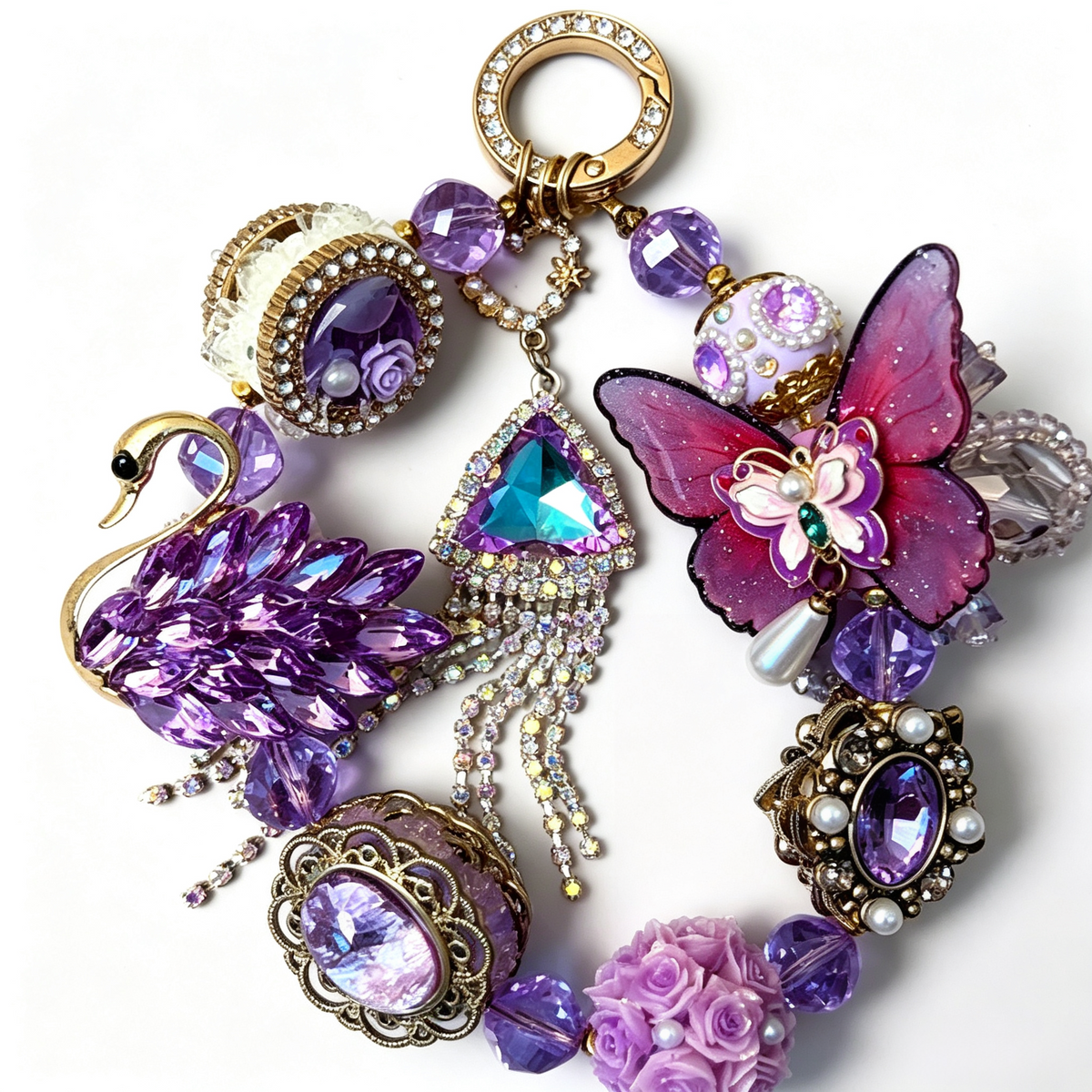 Purple Crystal Swan & Butterfly Handmade Phone Charm | Baroque Rhinestone Phone Strap