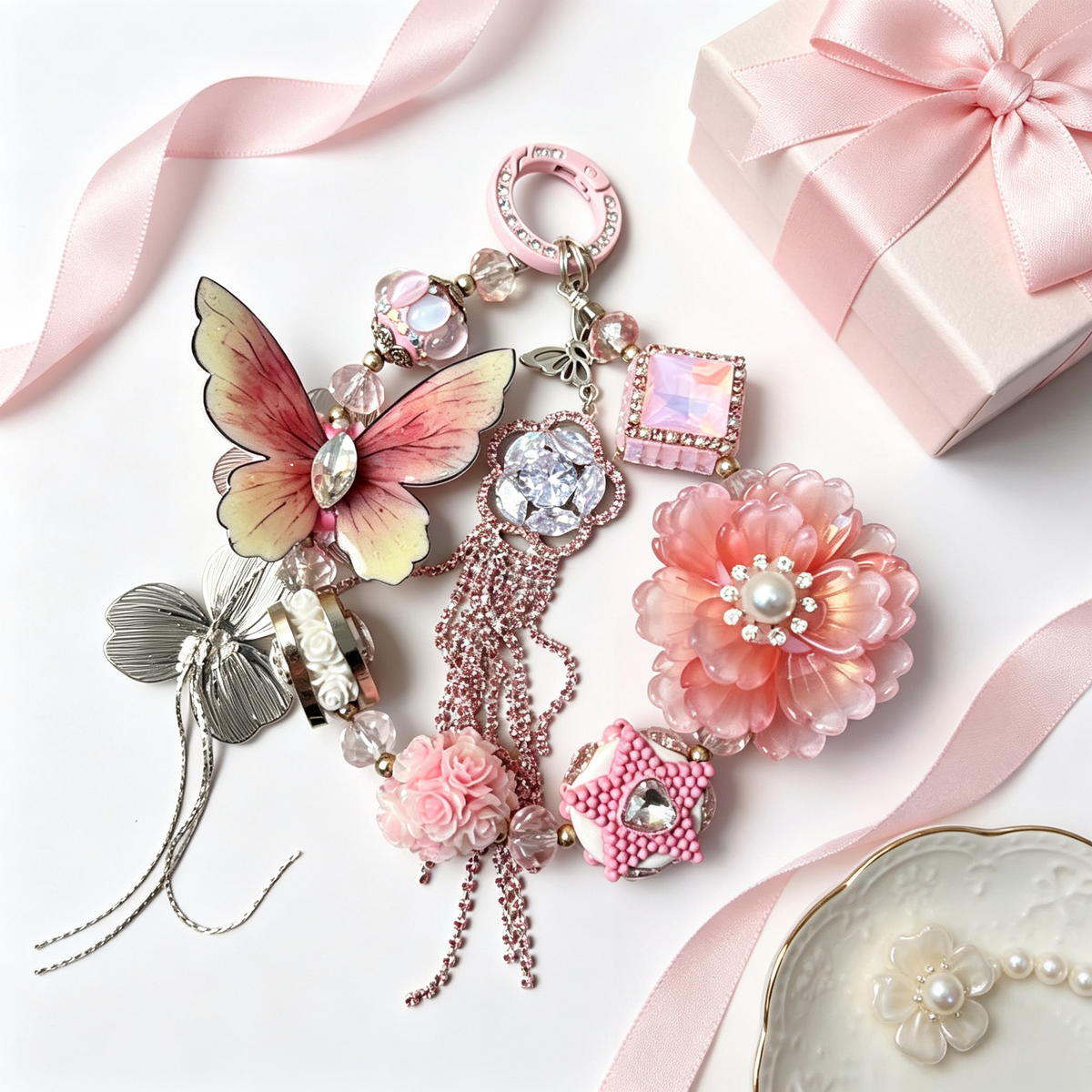 Pink Butterfly Floral Handmade Phone Charm | Sparkly Rhinestone Beaded Phone Strap
