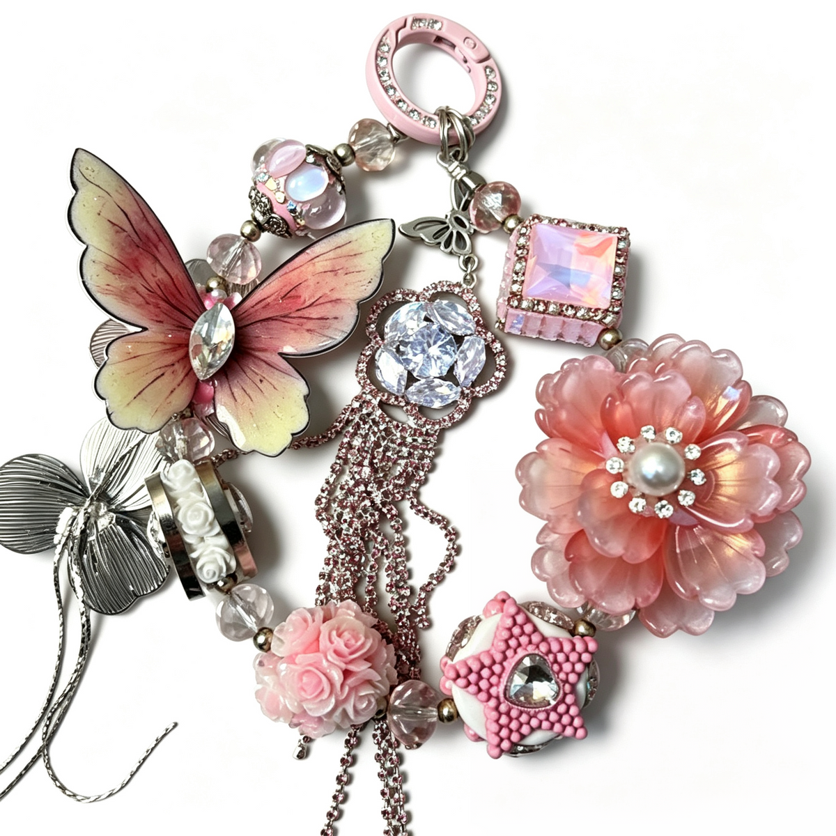 Pink Butterfly Floral Handmade Phone Charm | Sparkly Rhinestone Beaded Phone Strap