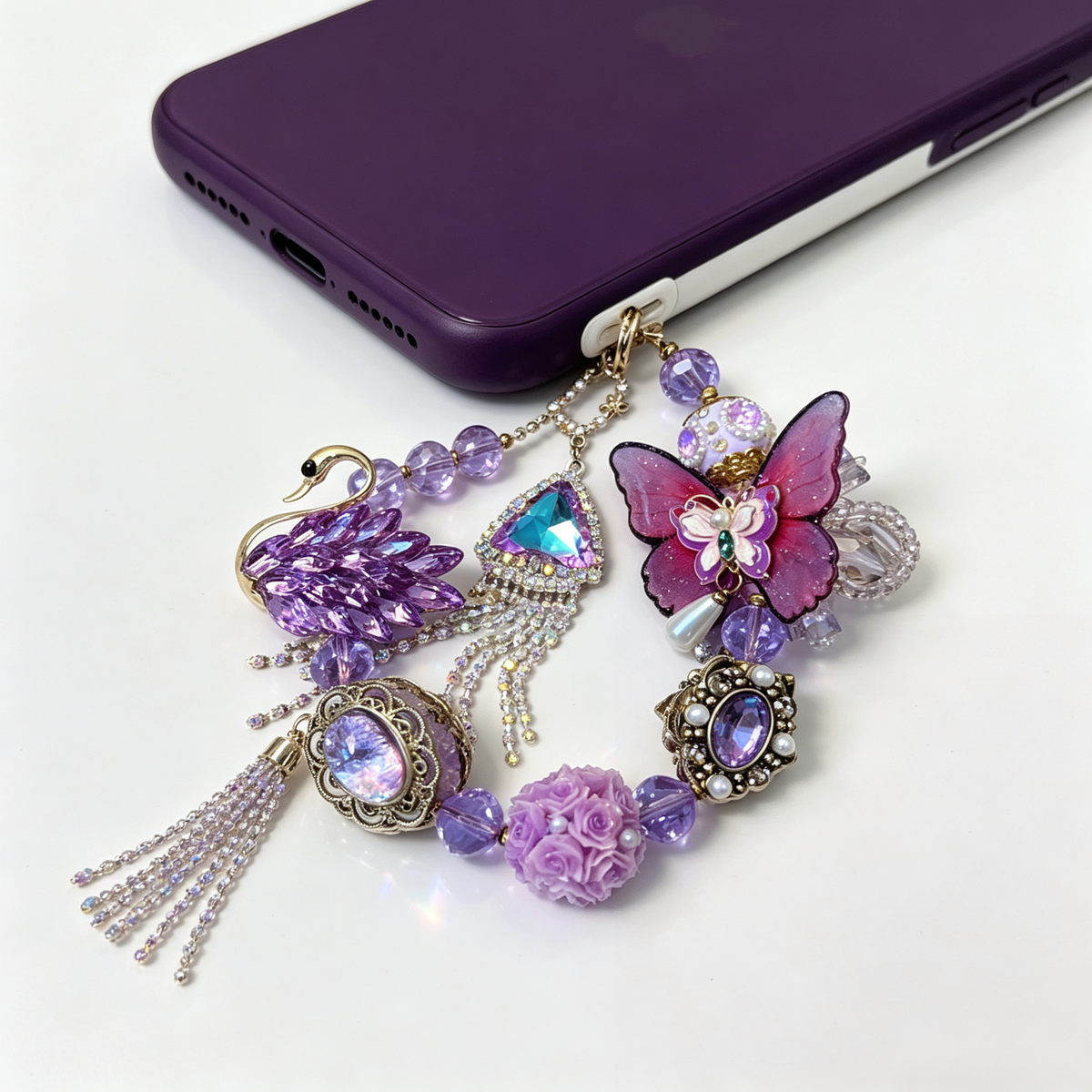 Purple Crystal Swan & Butterfly Handmade Phone Charm | Baroque Rhinestone Phone Strap
