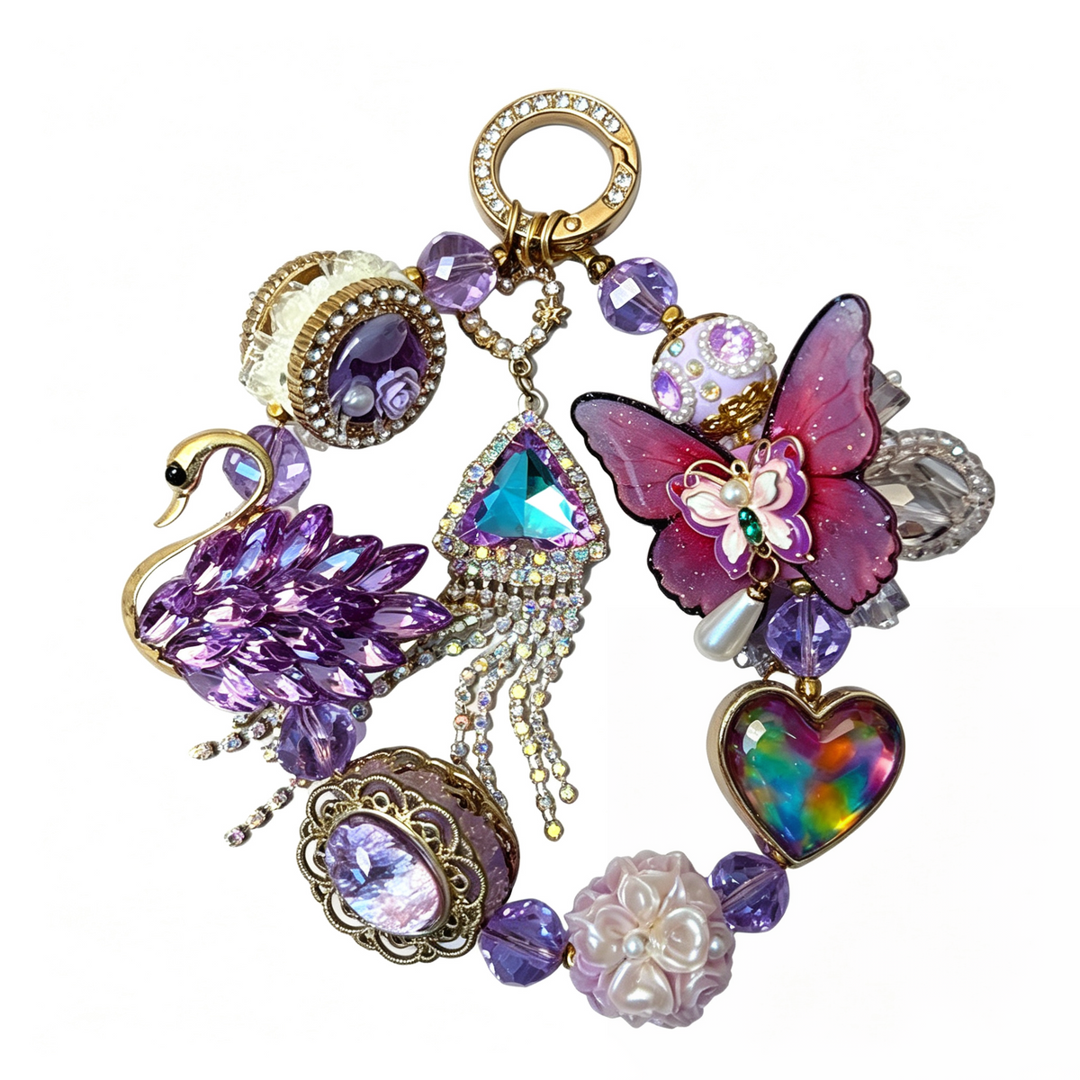 Purple Crystal Swan & Butterfly Handmade Phone Charm | Baroque Rhinestone Phone Strap