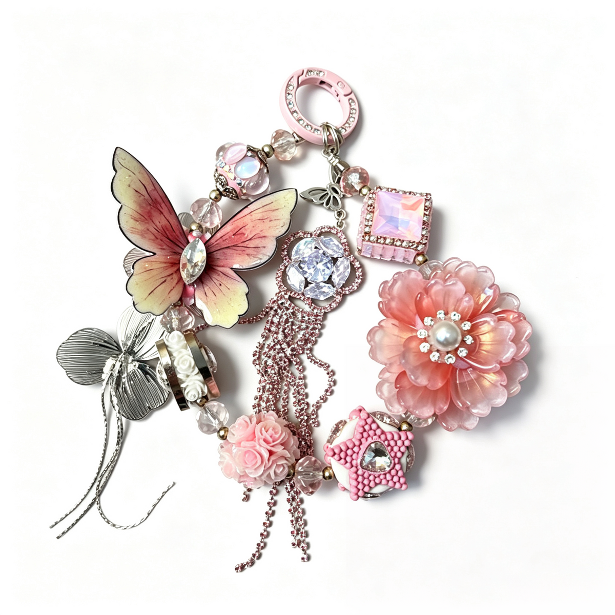 Pink Butterfly Floral Handmade Phone Charm | Sparkly Rhinestone Beaded Phone Strap