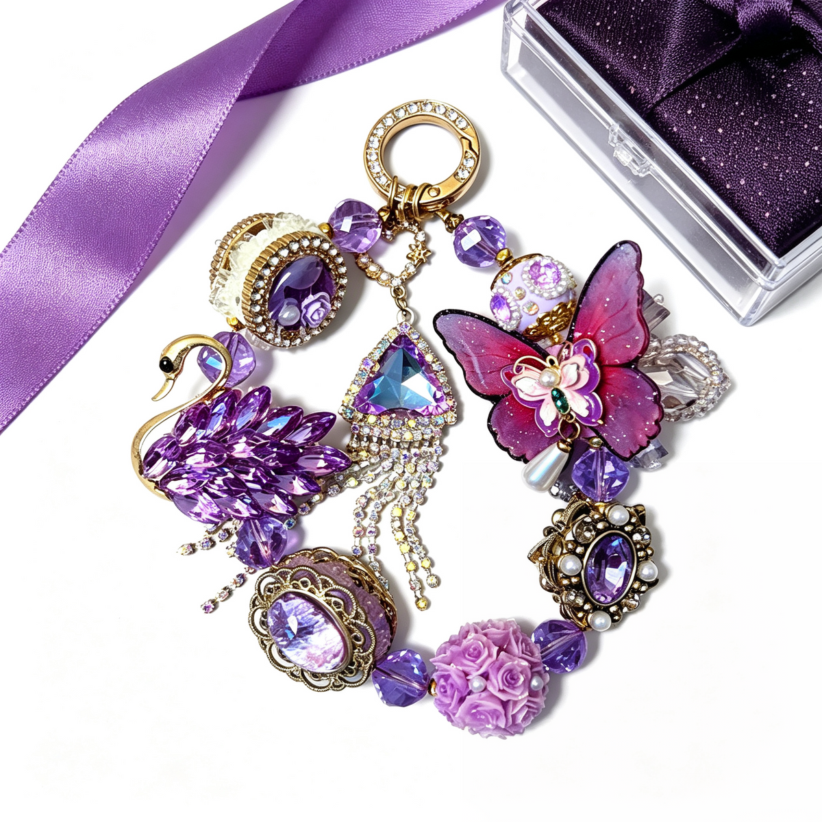 Purple Crystal Swan & Butterfly Handmade Phone Charm | Baroque Rhinestone Phone Strap
