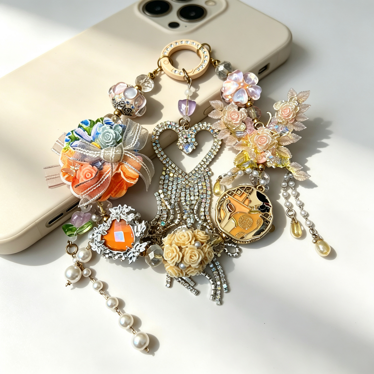 Warm Peach Floral Handmade Phone Charm | Romantic Heart Rhinestone Beaded Phone Strap