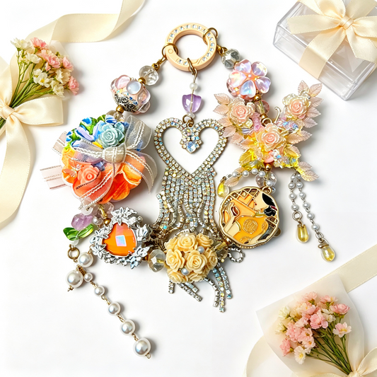 Warm Peach Floral Handmade Phone Charm | Romantic Heart Rhinestone Beaded Phone Strap