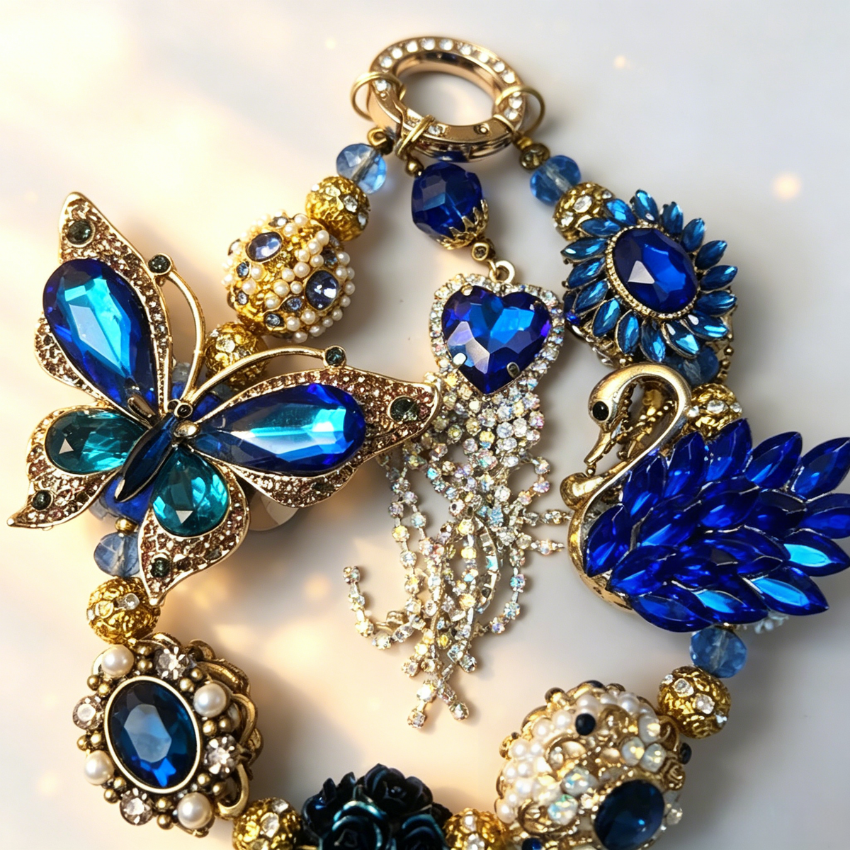 Royal Blue Antique Gold Butterfly Phone Lanyard, Statement Beaded Phone Accessory