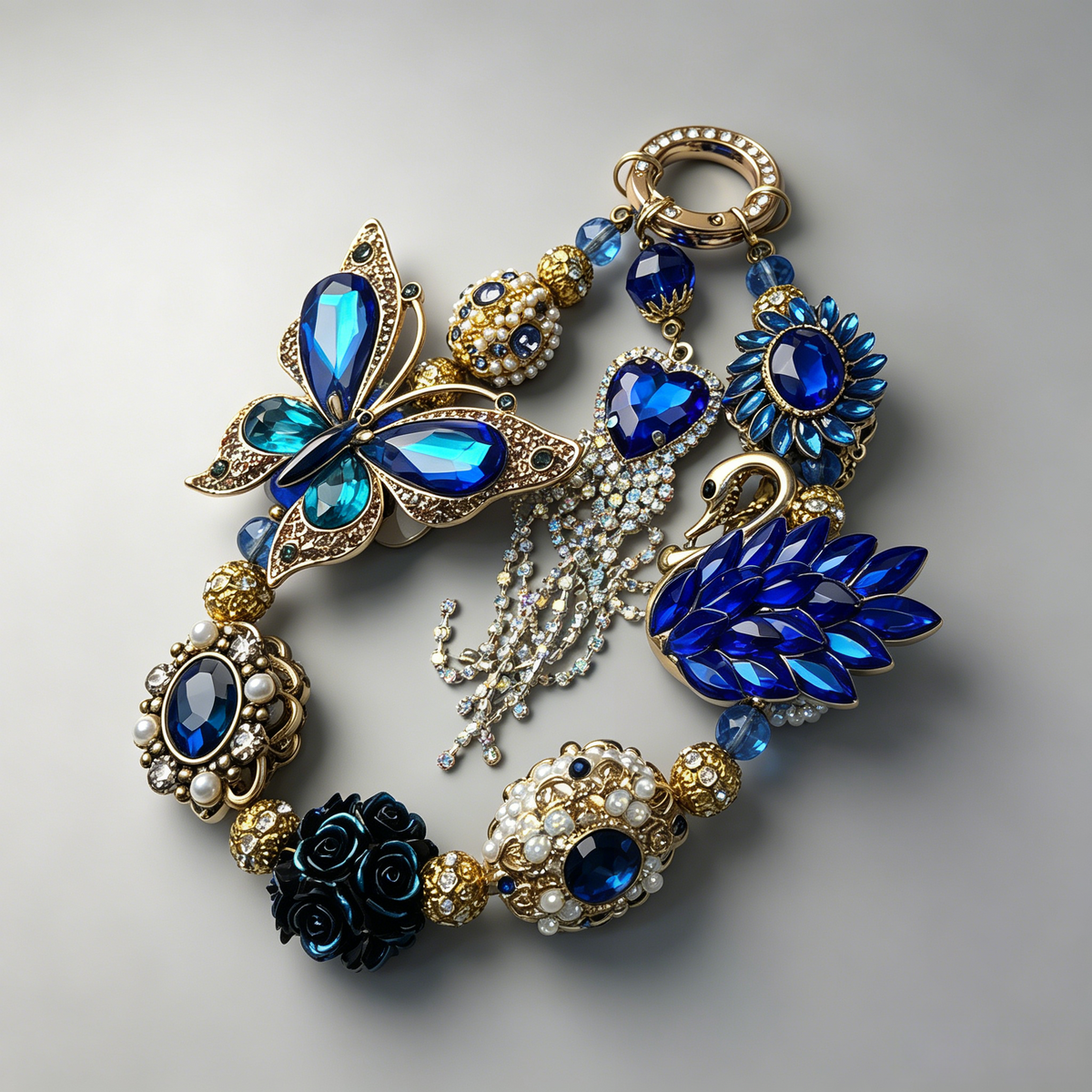 Royal Blue Antique Gold Butterfly Phone Lanyard, Statement Beaded Phone Accessory