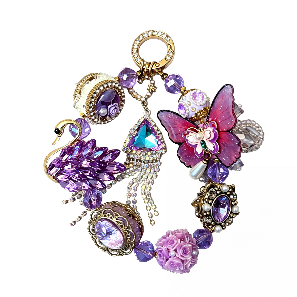 Purple Crystal Swan & Butterfly Handmade Phone Charm | Baroque Rhinestone Phone Strap