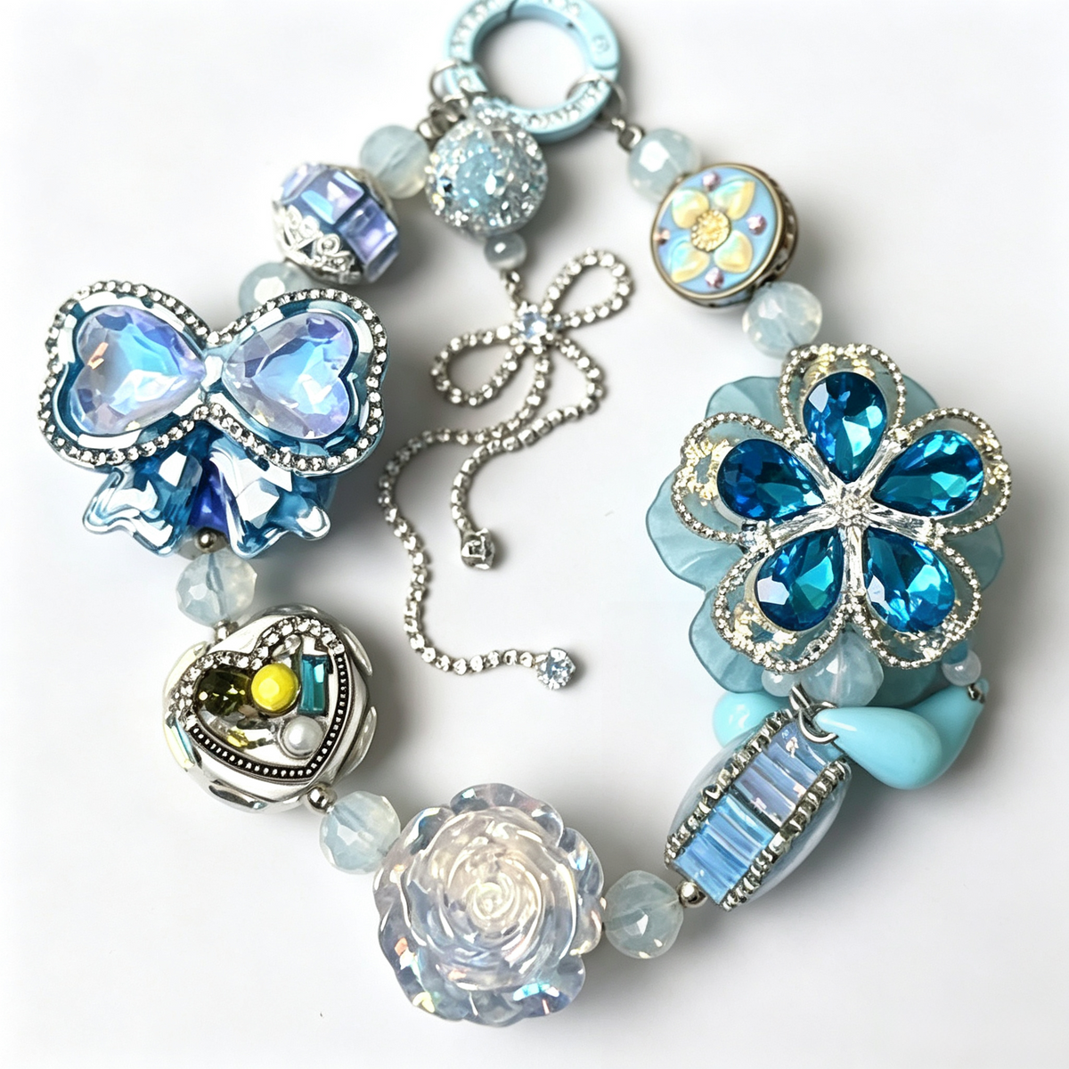 Blue Crystal Floral Handmade Phone Charm | Pastel Blue Rhinestone Phone Strap