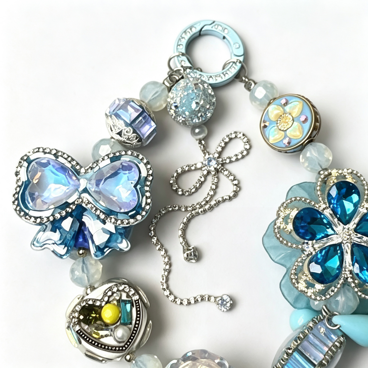 Blue Crystal Floral Handmade Phone Charm | Pastel Blue Rhinestone Phone Strap