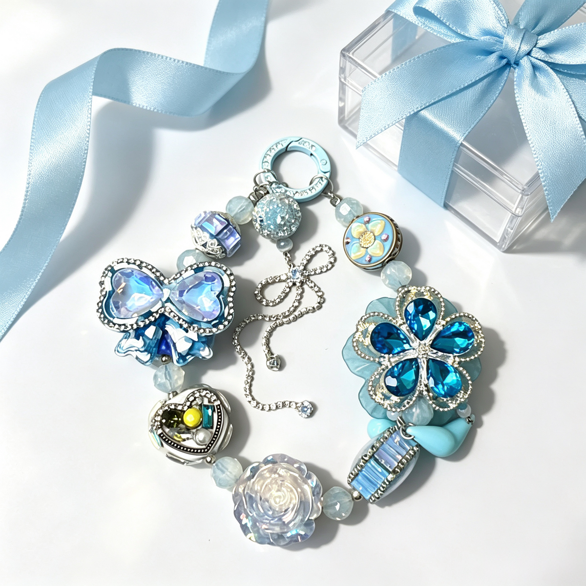 Blue Crystal Floral Handmade Phone Charm | Pastel Blue Rhinestone Phone Strap
